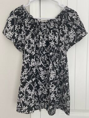 LOFT Black Floral Short-Sleeve Peasant Tunic